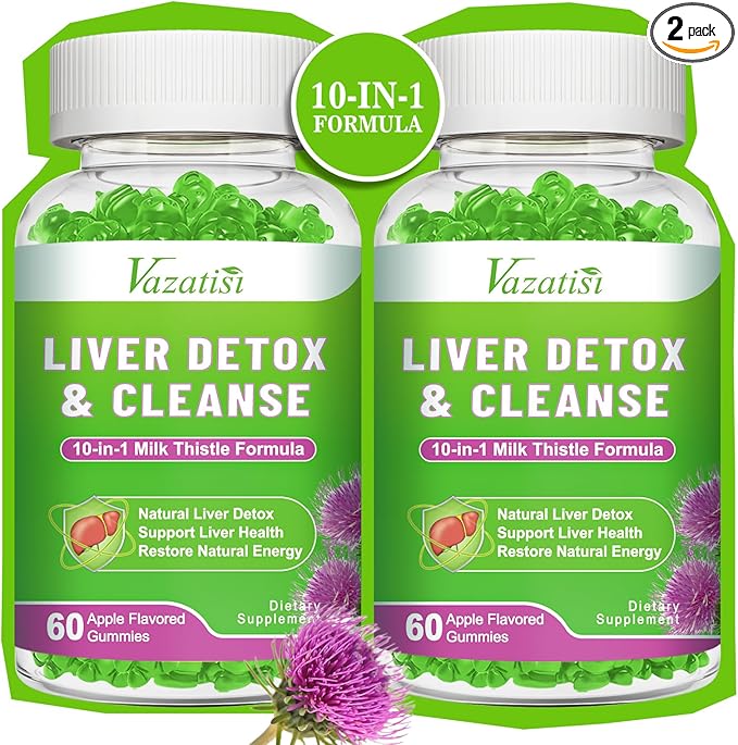 Liver Cleanse Detox Repair Gummies, Milk Thistle Gummies with Artichoke, Dandelion for Liver Support, Vegan & Non-GMO, Gelatin-Free, Apple Flavor 120ct