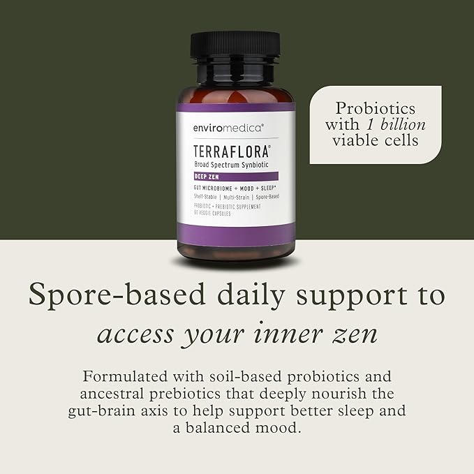 Enviromedica Terraflora Deep Zen Synbiotic - Spore Based Probiotics and Prebiotics for Gut Health & Mood Support, Organic Soil Based Probiotic Supplement for Men and Women 60 Capsules