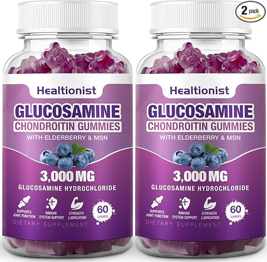 2 Packs 3000mg Glucosamine Chondroitin Gummies with MSM & Elderberry - Extra Strength Joint Health, Flexibility, Antioxidant Immune Support Supplement Gummy for Adults, Men & Women 120 Cts