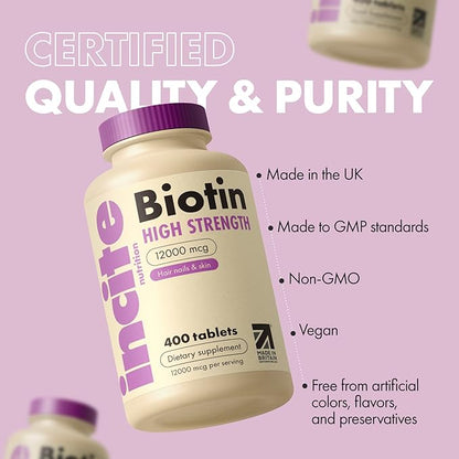 Incite Nutrition Biotin Supplement 12000mcg - +1 Year Supply - High Strength 120 Easy Swallow Tablets - Biotin Hair Growth Vitamins for Hair, Skin & Nails - Natural Vegan & GMO-Free - Made in UK