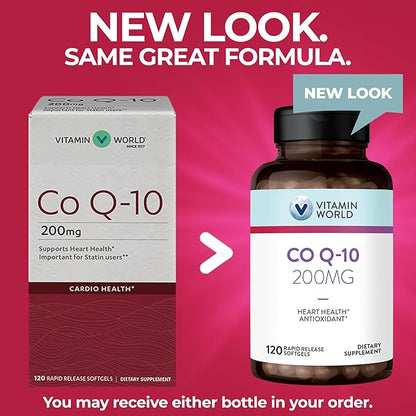 Vitamin World CoQ10 200 mg Softgels, Coenzyme Q10 Supplements for Antioxidant Support, Heart Health & Energy Production, Gluten Free, 120 Rapid Release Softgels