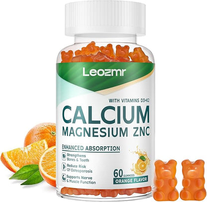 Calcium Magnesium Zinc Gummies with Vitamin D3 & K2 - High Potency Enhanced Absorption -60 Orange Gummies Flavored