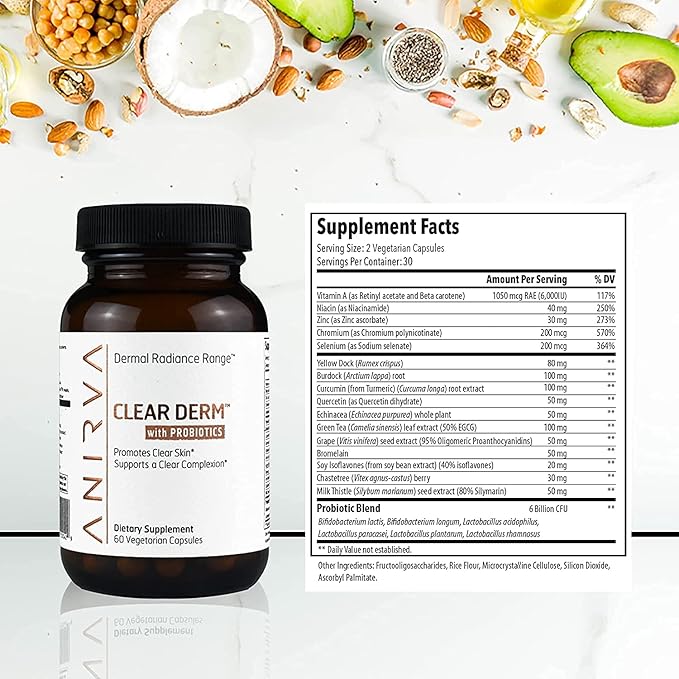 Clear Skin Supplement with Zinc for Adults, Formulated To Battle Hormonal Acne, Zinc Pills for Acne, Rosacea Skin Supplement, Zinc Supplements for Adult Acne - Anirva ClearDerm