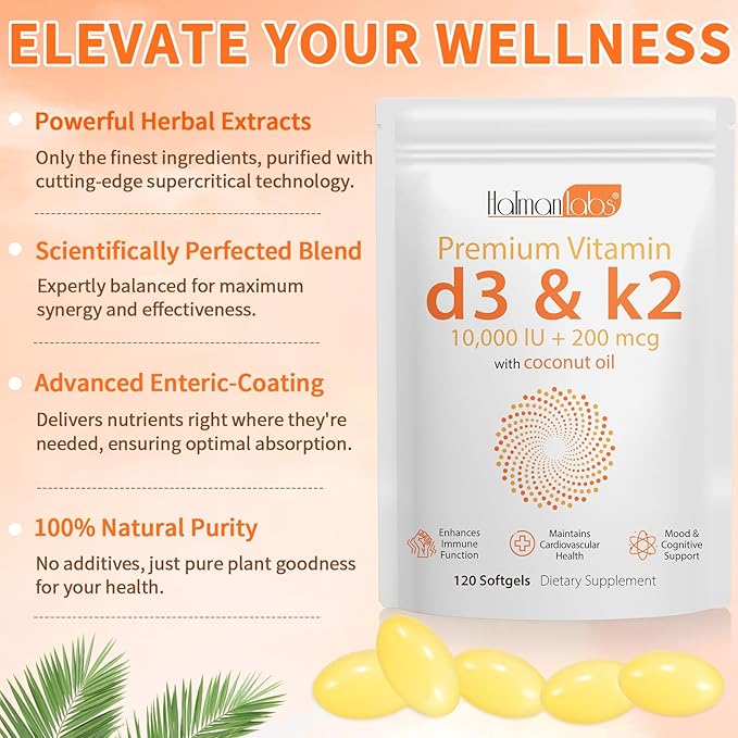 Vitamin D3 K2 Softgel 120pcs with Coconut Oil Support Immune, K2 D3 Vitamin Supplement Fast Absorption, D3 K2 Vitamin 10000IU, Promotes Healthy Bones, Non-GMO