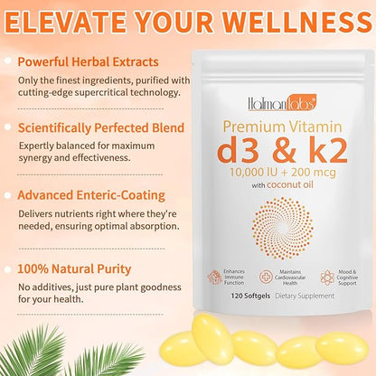 Vitamin D3 K2 Softgel 120pcs with Coconut Oil Support Immune, K2 D3 Vitamin Supplement Fast Absorption, D3 K2 Vitamin 10000IU, Promotes Healthy Bones, Non-GMO