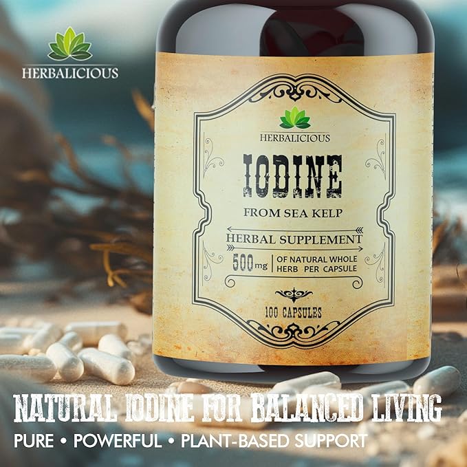 Natural Iodine Extract 100 Capsules - Sea Kelp - for Thyroid Function Support, Digestion, Helps Support Bone and Brain Health, Helps Support Energy Levels, Non GMO, Soy Free, Gluten Free