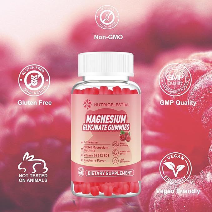 Magnesium Glycinate Gummies 500mg, High Absorption Magnesium Supplement, Suitable for Adults, Sugar-Free, Gelatin-Free, Vegan Friendly, Non-GMO, 60 Raspberry-Flavored Gummies