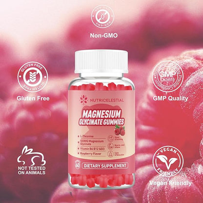 Magnesium Glycinate Gummies 500mg, High Absorption Magnesium Supplement, Suitable for Adults, Sugar-Free, Gelatin-Free, Vegan Friendly, Non-GMO, 60 Raspberry-Flavored Gummies