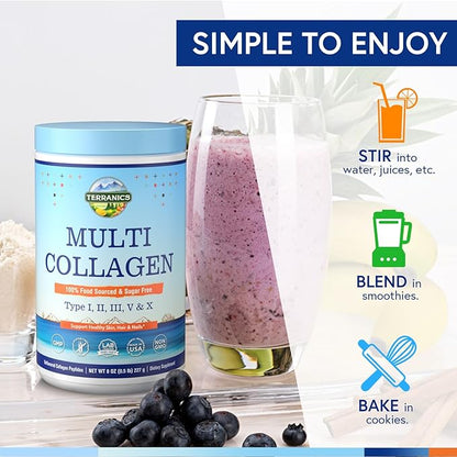 Terranics Multi Collagen Peptides Powder, Type I II III V X Collagen for Women & Men, Collagen Supplements for Skin, Nail, Hair, Easy to Dissolve, Unflavored, No Sugar, Keto, 8oz