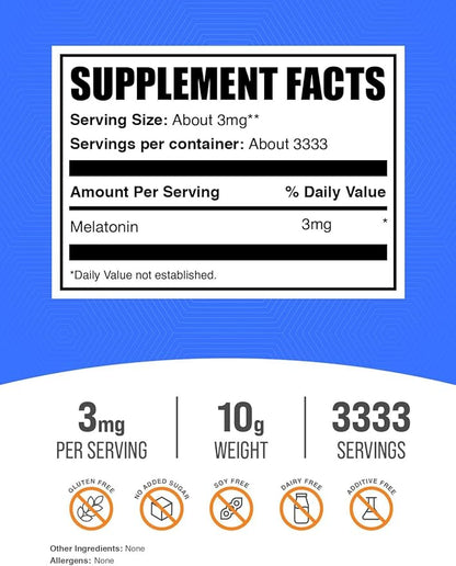 BulkSupplements.com Melatonin Powder - Sleep Supplement, Melatonin for Adults, Melatonin 3 mg - Vegan Melatonin, Pure & Gluten Free, 3mg per Serving, 10g (0.35 oz) (Pack of 1)