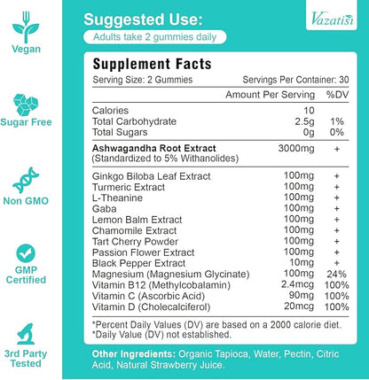 Ashwagandha Gummies with Turmeric GABA Mood Energy and Immune Support, Strawberry Flavor 60 Cts