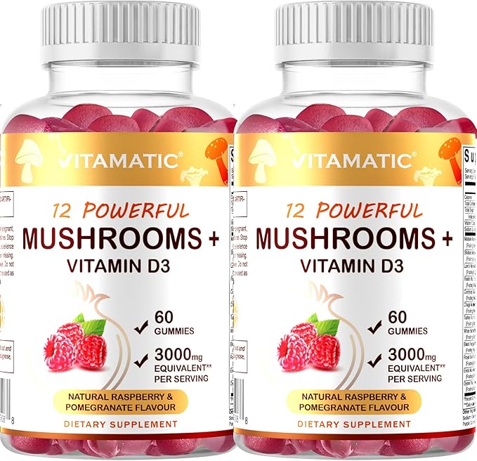 Vitamatic Mushroom Complex with D3, 60 Pectin Based Gummies, (Pack of 2)