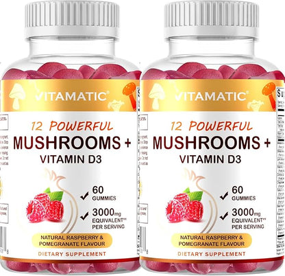 Vitamatic Mushroom Complex with D3, 60 Pectin Based Gummies, (Pack of 2)