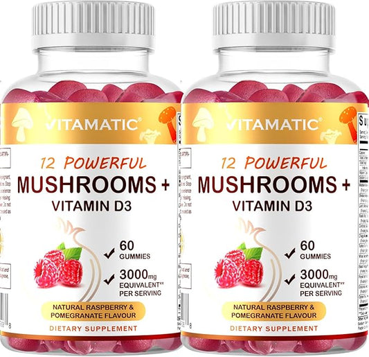 Vitamatic Mushroom Complex with D3, 60 Pectin Based Gummies, (Pack of 2)