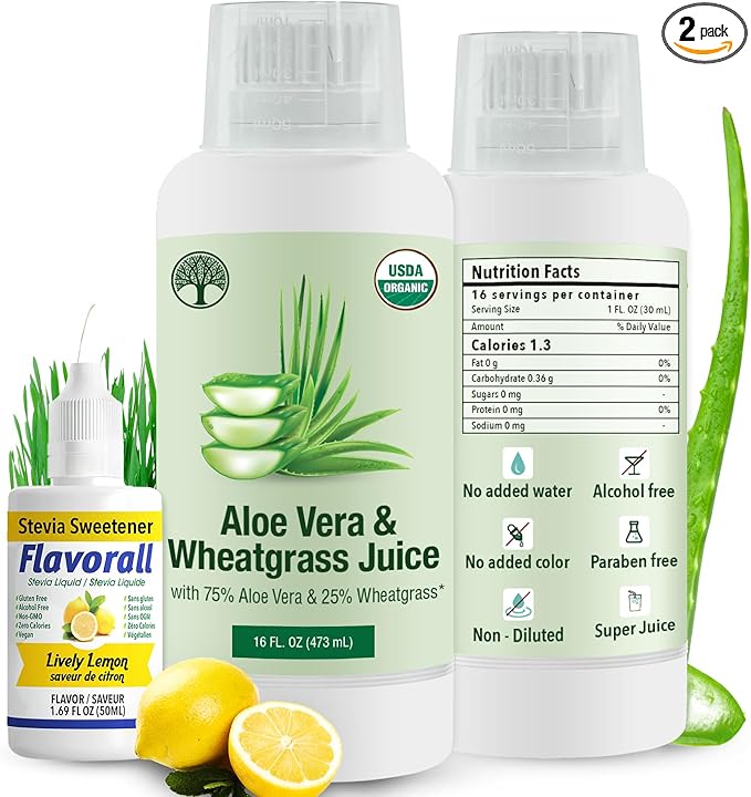 Aloe Vera & Wheatgrass Juice with Flavorall: USDA Certified Aloe Juice Shots - 30-Day Supply for Gut Detox, Immunity & Clear Skin, 75%-25% Highly Potent Concentration (Lemon)
