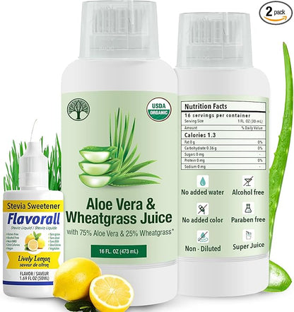 Aloe Vera & Wheatgrass Juice with Flavorall: USDA Certified Aloe Juice Shots - 30-Day Supply for Gut Detox, Immunity & Clear Skin, 75%-25% Highly Potent Concentration (Lemon)