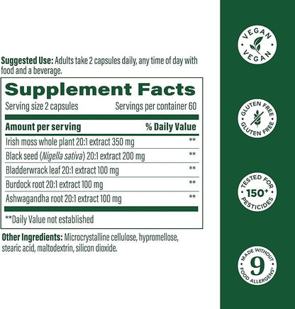 MegaFood Sea Moss Complex - Irish Sea Moss 7000mg Per Serving Plus Black Seed Oil, Burdock Root, Bladderwrack & Ashwagandha - Vegan Gut Health & Immune Support Supplement, 120 Capsules, 60 Servings