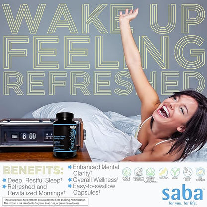 Saba Night Bliss Natural Sleep Aid | Non-Habit Forming | Sleep Supplement for Longer Sleep & Stress Relief w/Magnesium, Melatonin, GABA, Chamomile, & Valerian (60 Vegan Capsules, 30 Day Supply)