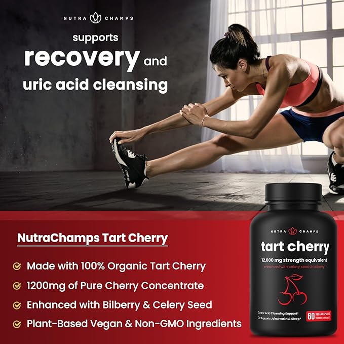 NutraChamps Organic Tart Cherry Extract Capsules 12,000mg - Made from Montmorency Tart Cherry Concentrate, Celery Seed & Bilberry - Uric Acid Cleanse & Joint Support - Vegan Tart Cherry Capsules