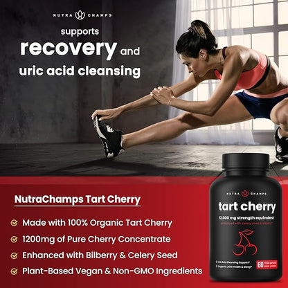 NutraChamps Organic Tart Cherry Extract Capsules 12,000mg - Made from Montmorency Tart Cherry Concentrate, Celery Seed & Bilberry - Uric Acid Cleanse & Joint Support - Vegan Tart Cherry Capsules