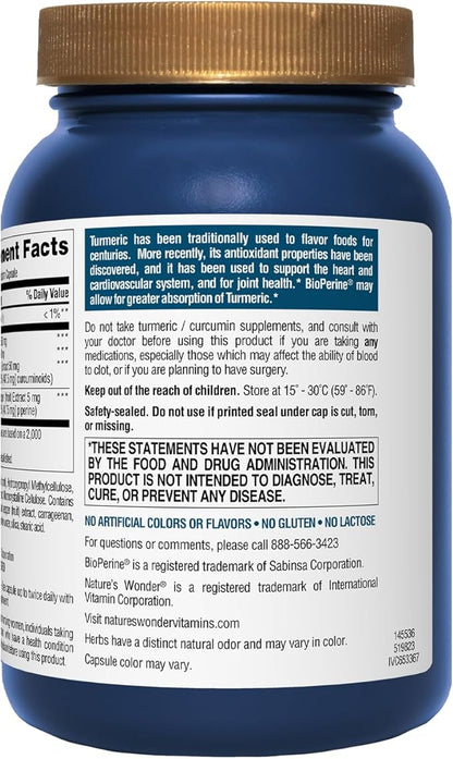 Nature's Wonder Turmeric Supplement with BioPerine - Enhanced Absorption Turmeric Complex 500mg with BioPerine 5mg for Joint Function, Mobility, and Comfort, 90 Vegetarian Turmeric Capsules