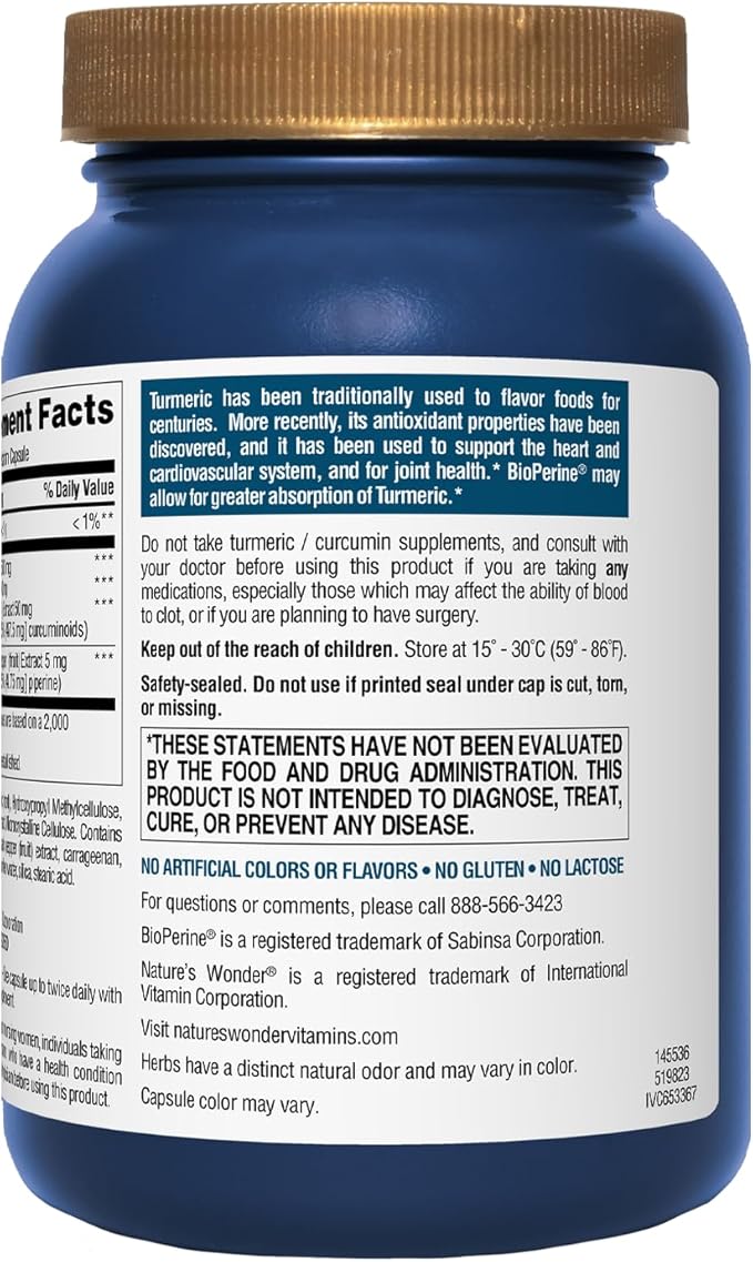 Nature's Wonder Turmeric Supplement with BioPerine - Enhanced Absorption Turmeric Complex 500mg with BioPerine 5mg for Joint Function, Mobility, and Comfort, 90 Vegetarian Turmeric Capsules
