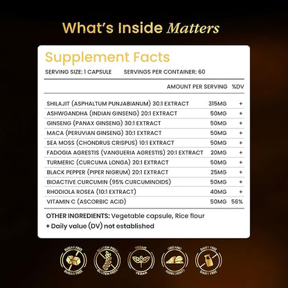 Shilajit Capsules for Men & Women, 16,000mg Pure Himalayan Organic Shilajit Supports Vitality and Wellness,Premium Pure Himalayan Supplement 2 Months Supply, 60 Capsules