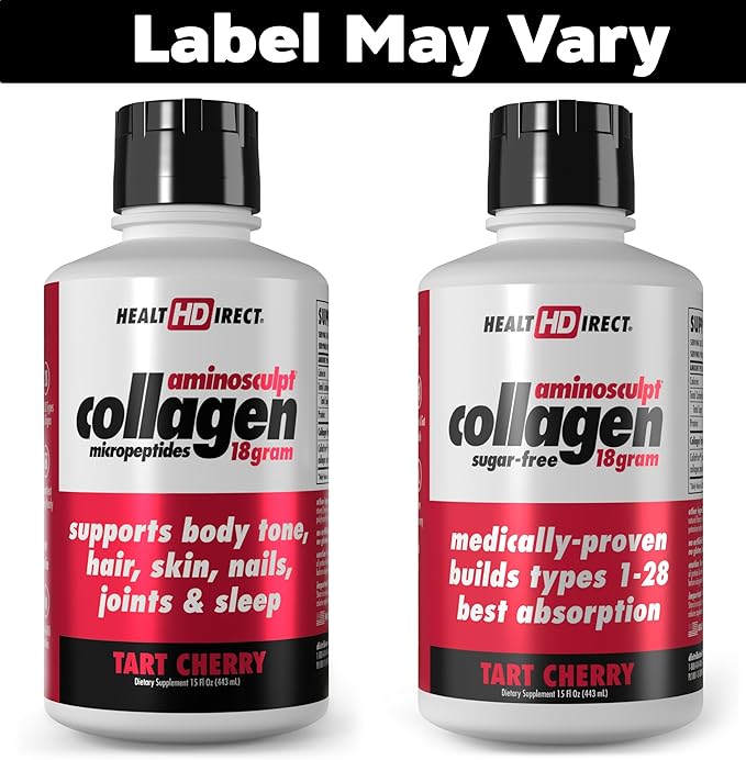 HEALTH DIRECT AminoSculpt Sugar-Free Collagen Supplement - High Potency Medical-Grade Protein for Hair, Skin, Nails & Joints, Grass-Fed, Non-GMO, Liquid Collagen - Tart Cherry - 15 Fl Oz