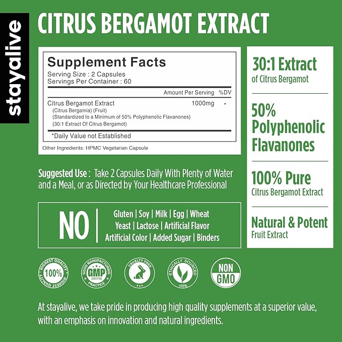 STAY ALIVE Citrus Bergamot Capsules 1000mg, 30:1 Super Extract with 50% Polyphenolic Flavanones, 120 Pills, Citrus Bioflavonoids Natural Heart Health Supplements for Women & Men | Non-GMO, Gluten-Free