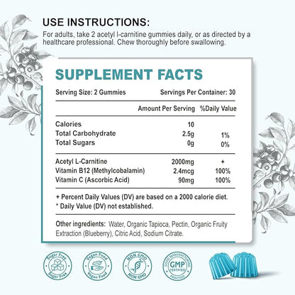 2 Pack Acetyl L-Carnitine Gummies, L-Carnitine Supplement for Women & Men, with Vitamin C & B12, ALCAR for Energy, Brain & Heart Health Support, Vegan, Non-GMO, Sugar Free, 120 Count