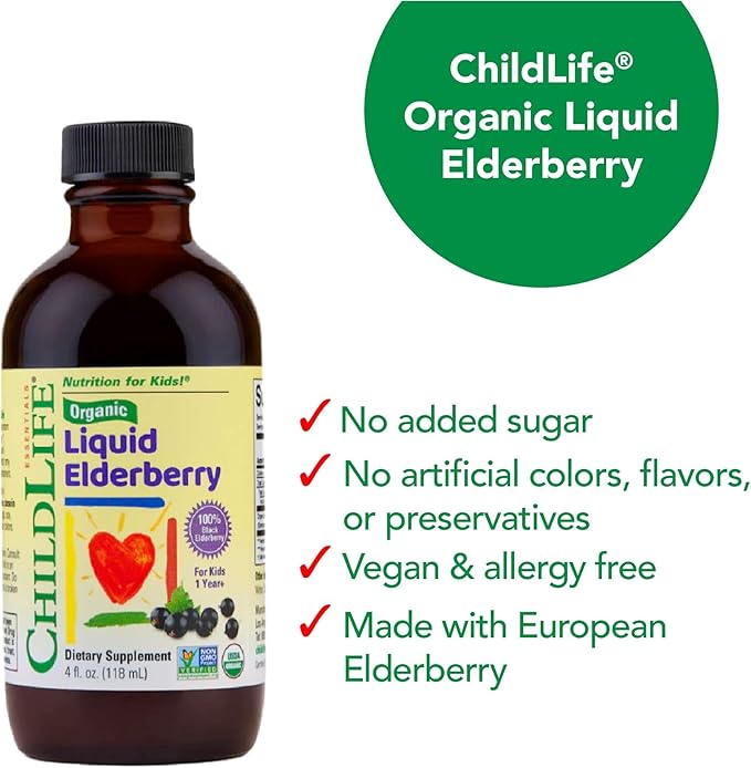 CHILDLIFE Essentials Organic Elderberry Syrup for Kids - Liquid Elderberry for Toddlers, Elderberry Extract Drops, Tincture for Babies, Toddlers, Children - 4 Fl Oz