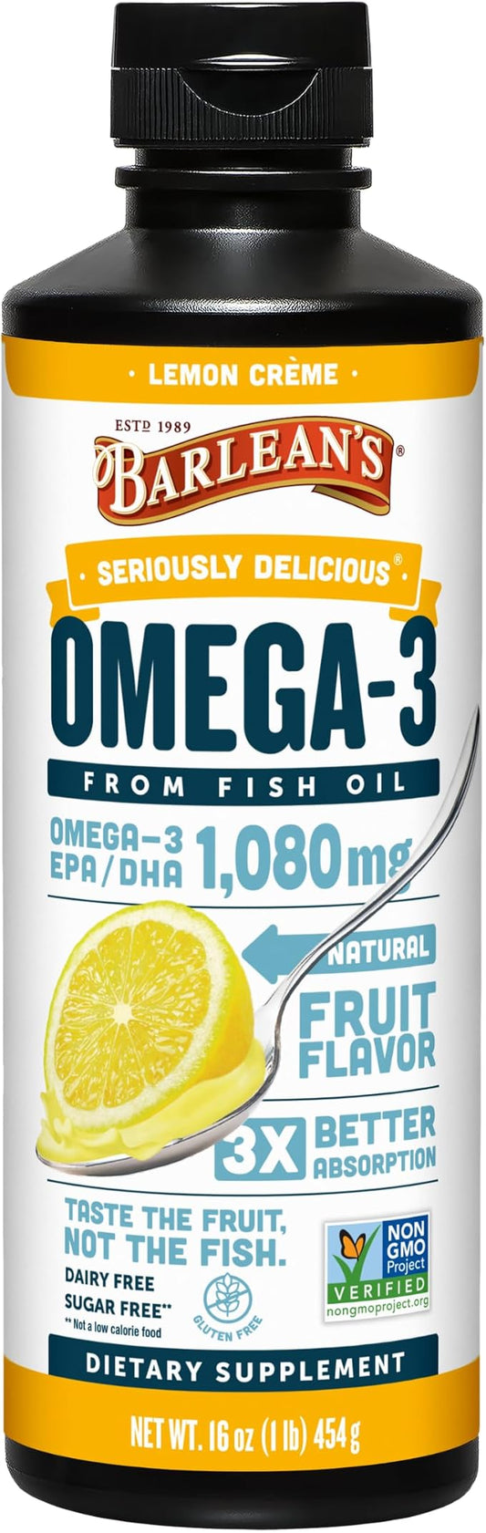 Barlean's Omega 3 Fish Oil Liquid Supplement, Lemon Crème, 1080mg of Omega 3 EPA and DHA Fatty Acid, 16 oz