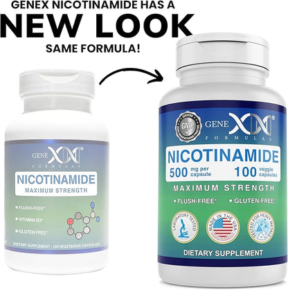 Genex Formulas - Nicotinamide 500mg Vitamin B3 Flush Free Niacin Capsules for Healthy Skin - Niacinamide Supplement Pills Help Produce Keratin & Support Skin Cell Health & Energy - (100 Capsules)