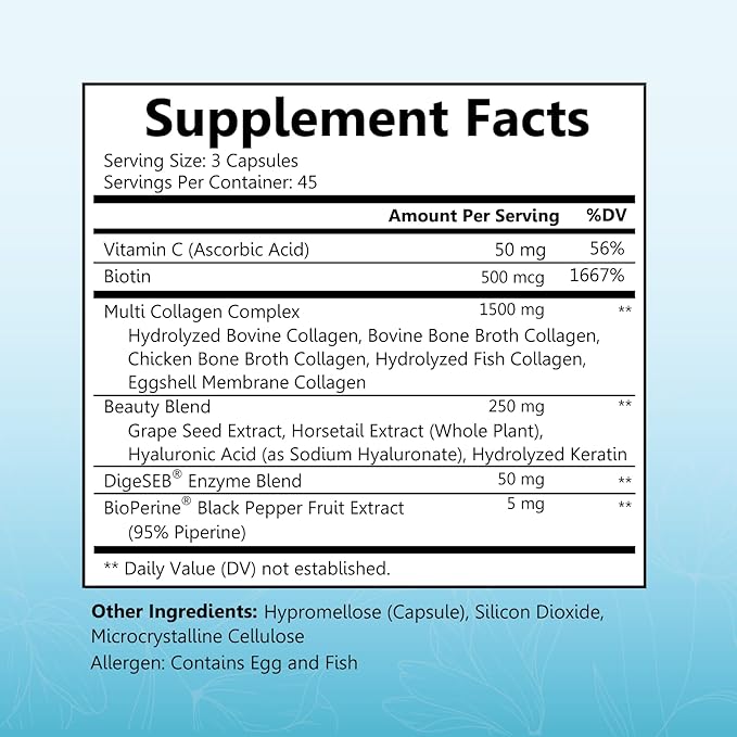 Hydrolyzed Collagen Peptide Capsules for Women - Multi Collagen Supplement Types I, II, III, V, X with Vitamin C, Biotin, Keratin - Skin, Hair & Nails Support - 135 Capsules