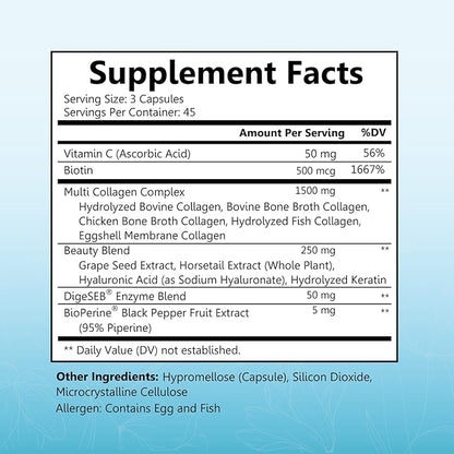Hydrolyzed Collagen Peptide Capsules for Women - Multi Collagen Supplement Types I, II, III, V, X with Vitamin C, Biotin, Keratin - Skin, Hair & Nails Support - 135 Capsules