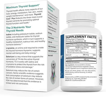 Terry Naturally Thyroid Care Plus - Supplement to Aid Thyroid - Dietary Supplement for Energy & Healthy Hair Support - Supplement with L-Tyrosine & Selenium - 120 Capsules
