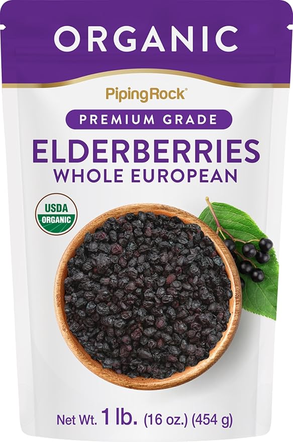 Piping Rock Elderberries Dried Organic | 1lb Bulk Supplement | European Whole Berries | Vegetarian, Non-GMO, Gluten Free