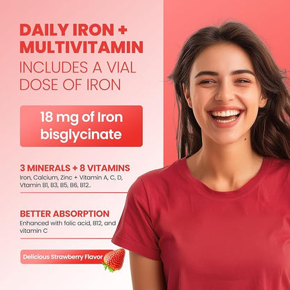 Iron Gummies for Women & Kids - Iron Supplement Gummies with Multivitamin for Blood Builder, Energy, Iron Deficiency & Anemia - Sugar Free Vegan Iron Gummies Strawberry 60 ct