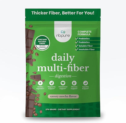 nbpure Daily Fiber Powder Blend for Digestive Health, Cholesterol Support, Healthy Weight Management - with Prebiotic, Insoluble, Soluble Fiber + 4 Probiotic Strains, Savory Mocha, Gusset, 45 Servings