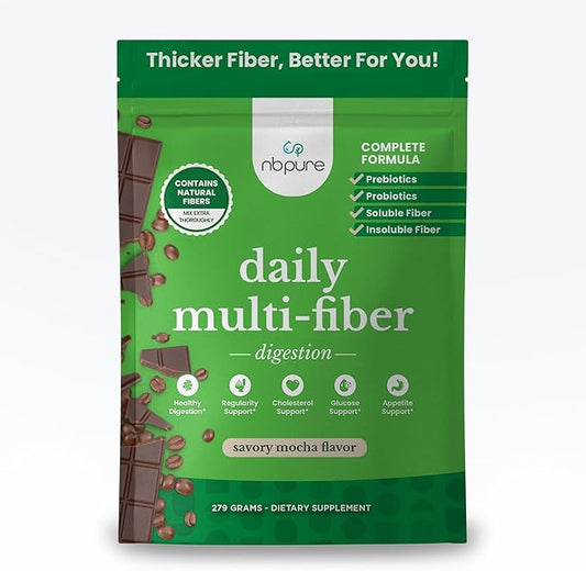 nbpure Daily Fiber Powder Blend for Digestive Health, Cholesterol Support, Healthy Weight Management - with Prebiotic, Insoluble, Soluble Fiber + 4 Probiotic Strains, Savory Mocha, Gusset, 45 Servings