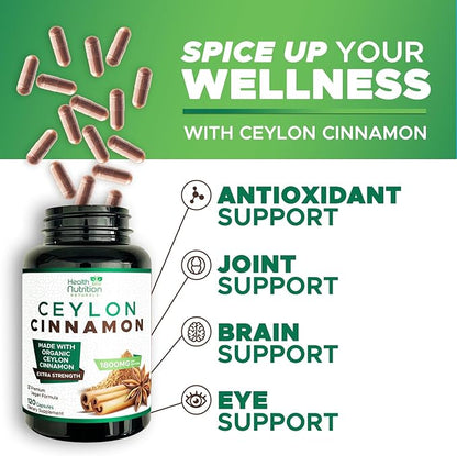 Organic Ceylon Cinnamon Capsules 1800 mg - Pure True Ceylon Cinnamon Powder Supplements, Certified Organic Herbal Supplement, Non-GMO, Gluten Free, Vegan, Antioxidant Pills Supplement - 120 Capsules
