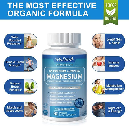 Magnesium Complex Chelated Magnesium Glycinate w/Malate, Taurate& Herbal Extracts for Support Sleep, Muscle,Cortisol & Heart Health, Gluten Free, Vegan, Non GMO, High Absorption, 90 Capsules
