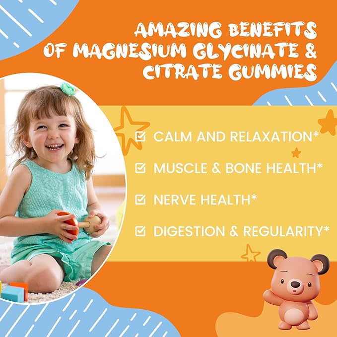 Kids Magnesium Gummies - Magnesium Glycinate Citrate Gummies Supplement for Kids & Adults with Vitamin B6, L-theanine - Calm Magnesium for Sleep Stress Relaxation Bones, Sugar Free Orange Flavor 60ct