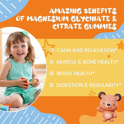 Kids Magnesium Gummies - Magnesium Glycinate Citrate Gummies Supplement for Kids & Adults with Vitamin B6, L-theanine - Calm Magnesium for Sleep Stress Relaxation Bones, Sugar Free Orange Flavor 60ct