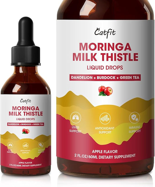 Moringa Milk Thistle Liquid Drops - Liver Health, Immune Support, Antioxidant Blend with Burdock, Green Tea & Dandelion - Moringa Capsules Alternative - Vegan, Apple Flavor,2 Fl Oz