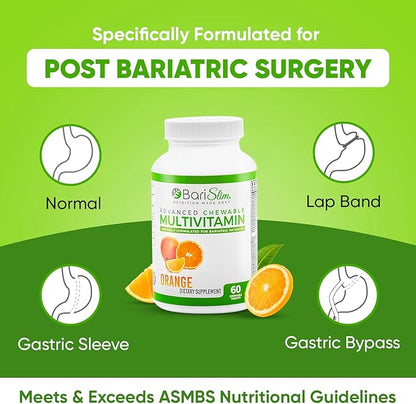 BariSlim Advanced Chewable Bariatric Multivitamin Tablets - Bariatric Vitamin and Supplement for Post Bariatric Surgery Including Gastric Bypass and Gastric Sleeve | Orange (60 Count)