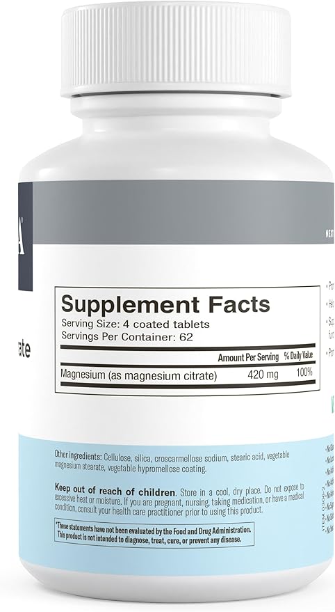 Freeda Magnesium Citrate 400mg Per Serving - High-Absorption Magnesium Citrate Tablets - Essential Mineral for Nerve & Bone Health - Vegan, Kosher, Gluten-Free Magnesium Supplement (250 Ct)