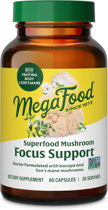 MegaFood Superfood Mushroom Focus Support - Doctor Formulated Lions Mane Supplement Capsules - Lions Mane Mushroom Supplement with Clinically Studied Bacopa - Vegan - 60 Capsules, 30 Servings