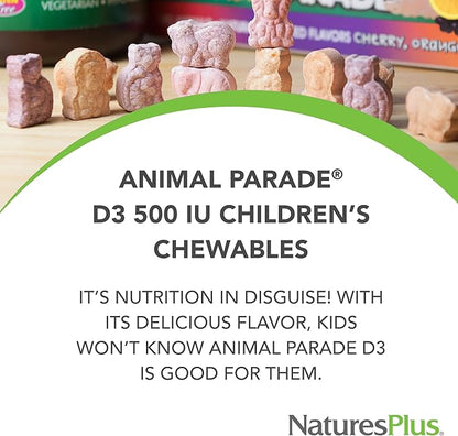 Natures Plus Animal Parade Vitamin D3 Children’s Chewables - Black Cherry Flavor - 90 Animal-Shaped Tablets - Gluten Free, Vegetarian, Hypoallergenic - 90 Servings