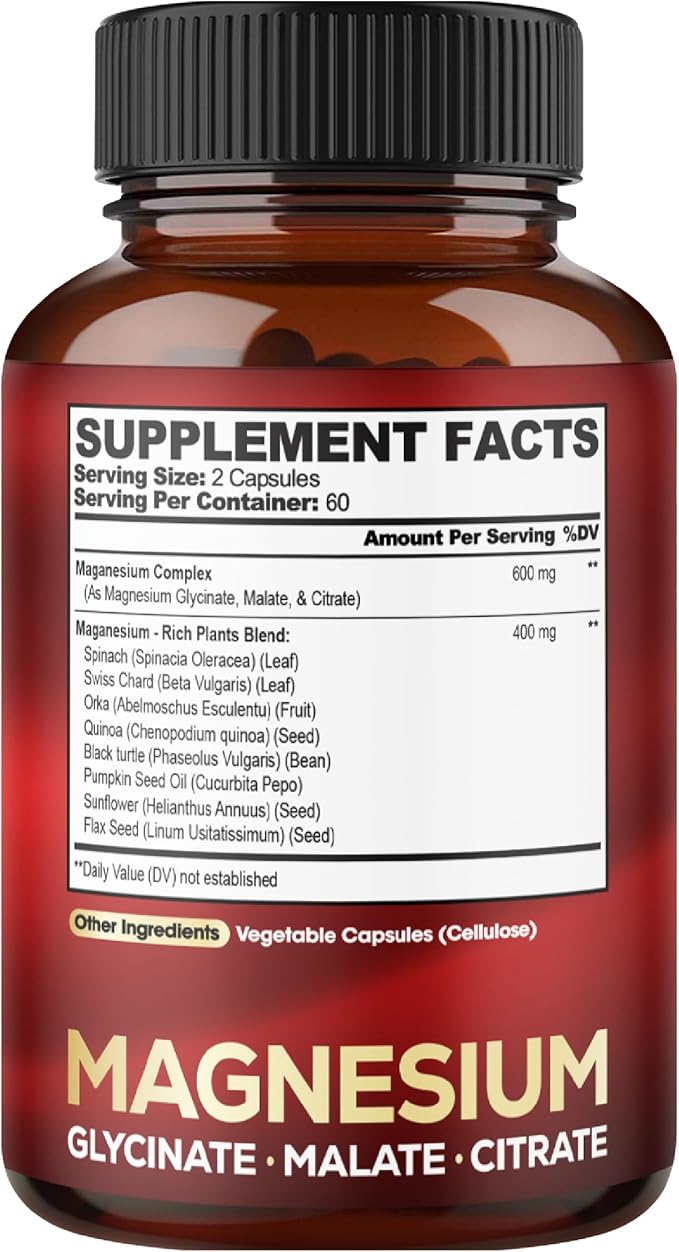 Magnesium Triple Complex - 600mg Magnesium Glycinate, Malate & Citrate - Added Spinach, Swiss Chard & Others - Support Calm, Restful Mood & Muscle Cramp - 120 Capsules